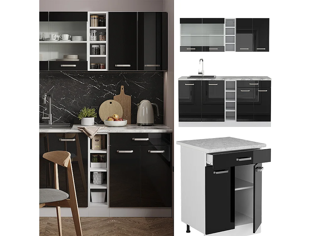 Cuisine noir brillant/blanc 160x46x81.6 r-line