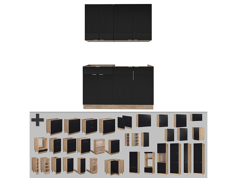 Singleküche schwarz gestreift/goldkraft eiche 140x60x81.6 fame-line