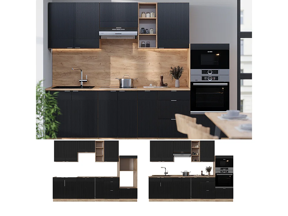 Cuisine noir rayé/chêne doré 280x60x81.6 fame-line