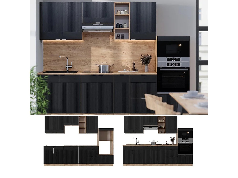 Complete keukeneenheid zwart gestreept/gouden eik 280x60x81.6 fame-line