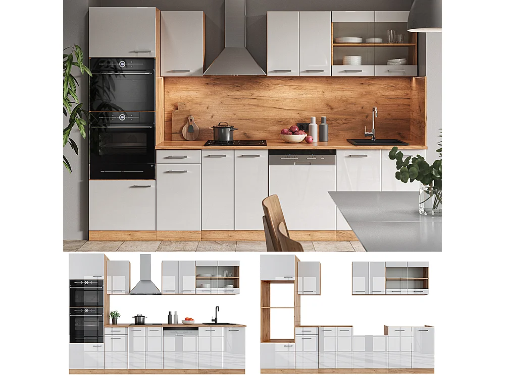 Mueble de cocina blanco brillo intenso/roble dorado 300x60x81.6 r-line