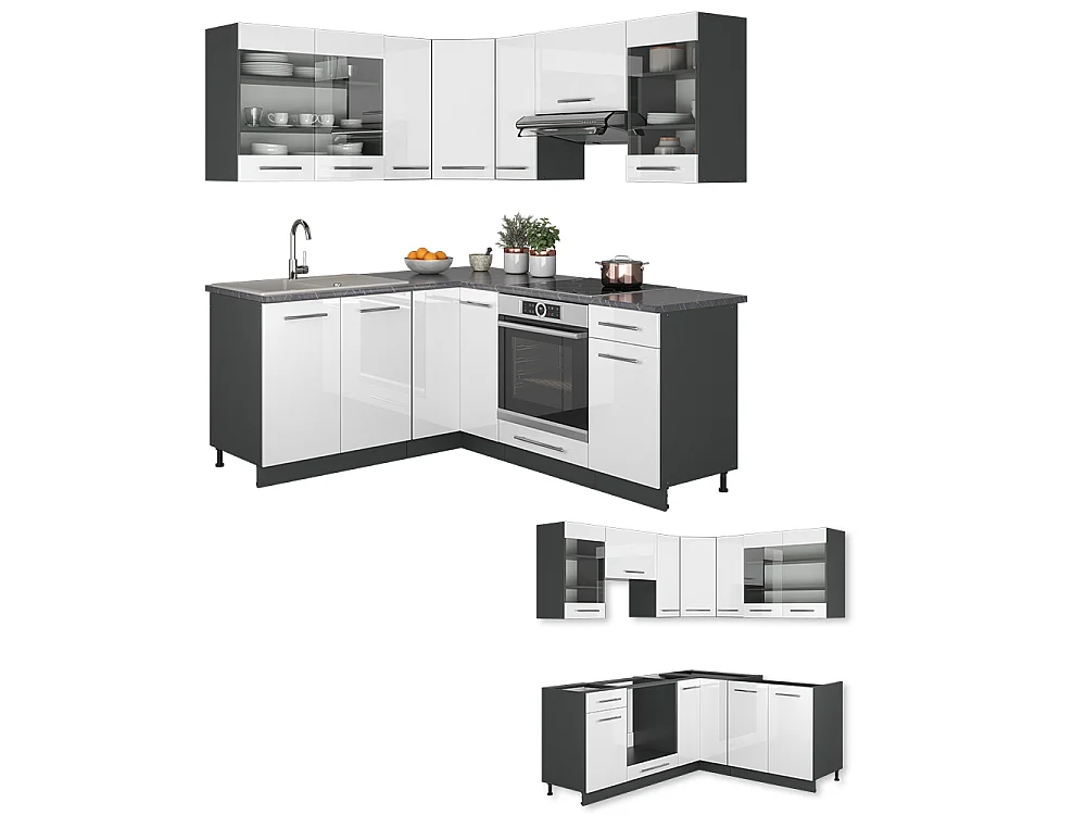 Cuisine en angle blanc brillant/anthracite 190x60x81.6 fame-line