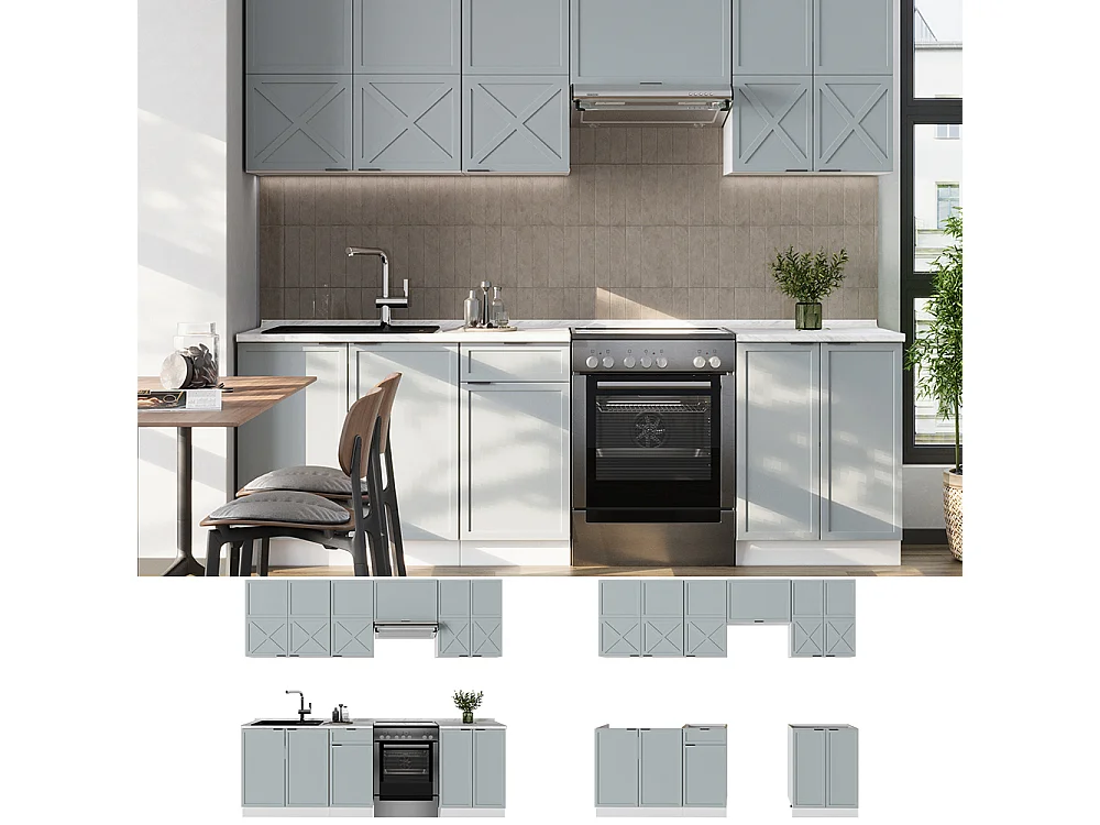 Complete keukeneenheid licht blauw-grijs/wit 240x60x81.6 fame-line