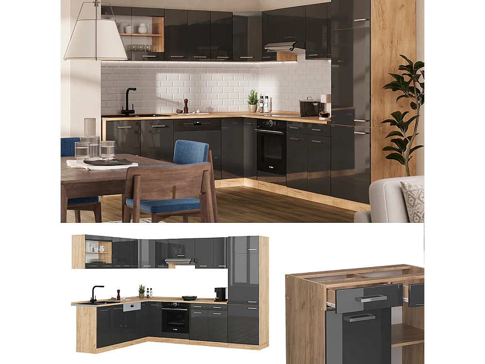 Cocina esquinera antracita brillo intenso/roble dorado eléctrico 287x46x81.6 r-line