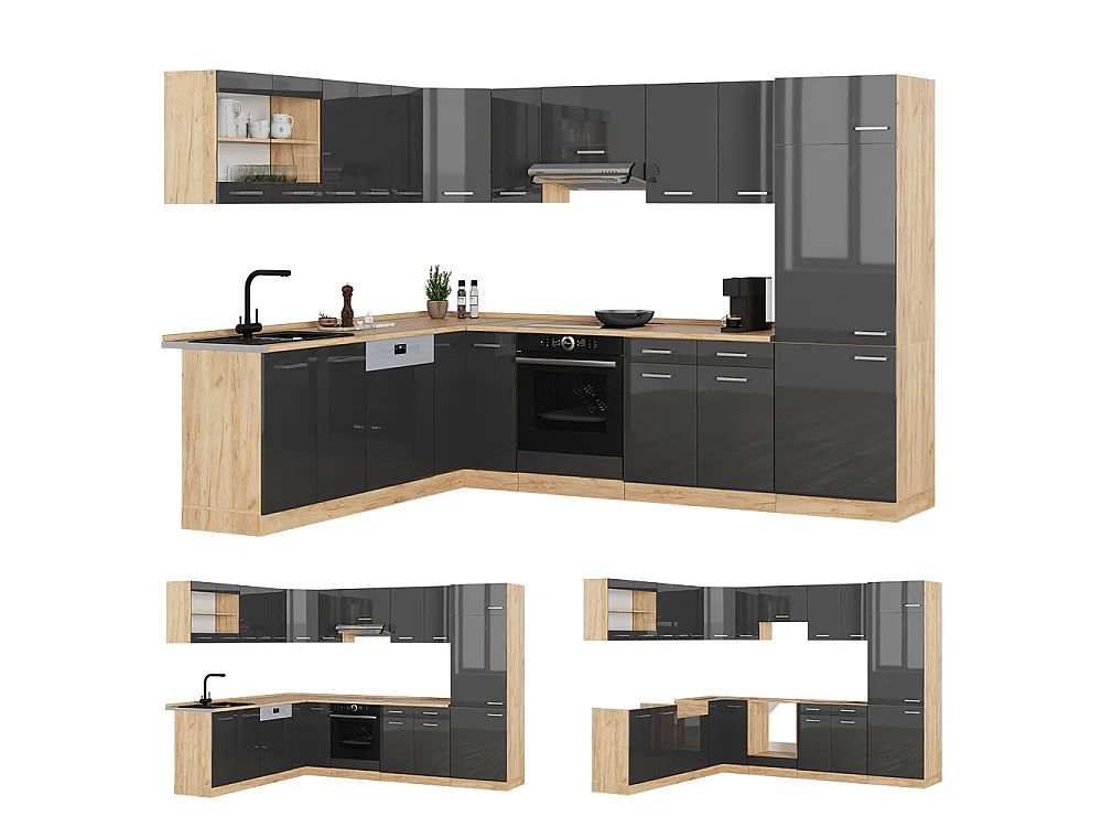 Cuisine en angle anthracite haute brillance/chêne de force doré 287x46x81.6 r-line