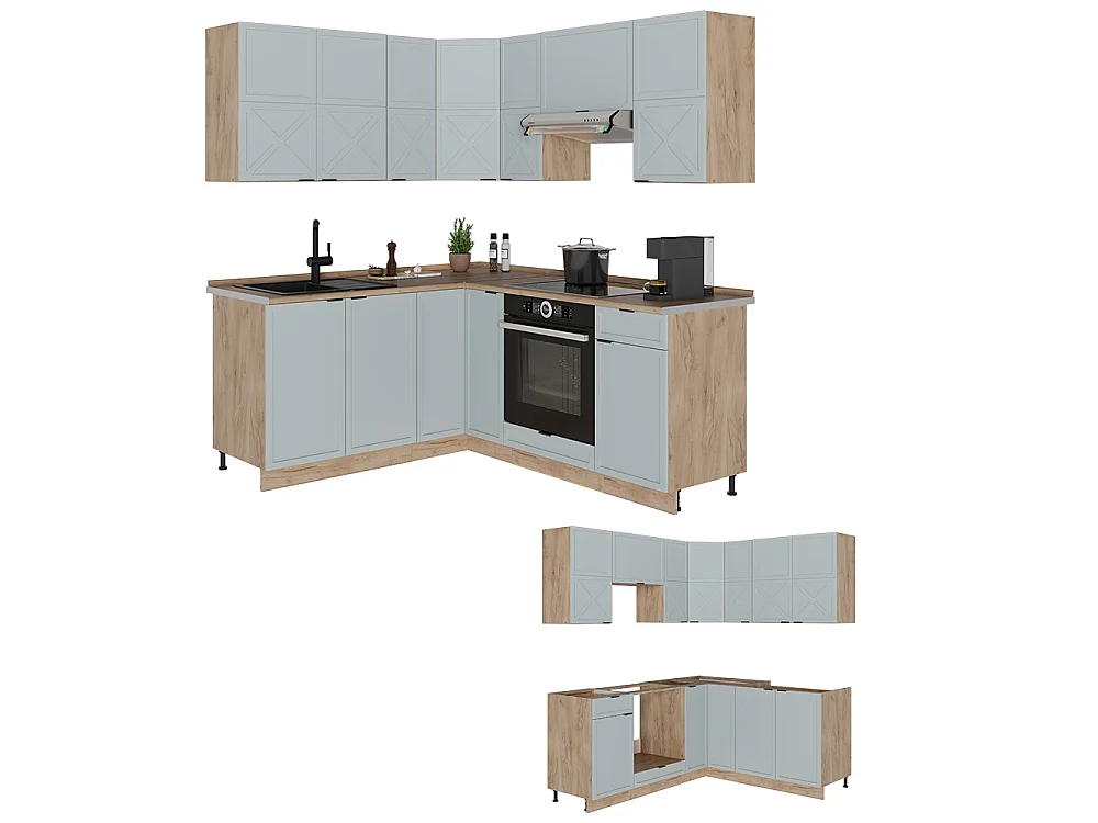Cocina esquinera azul claro-gris/roble dorado 190x46x81.6 fame-line