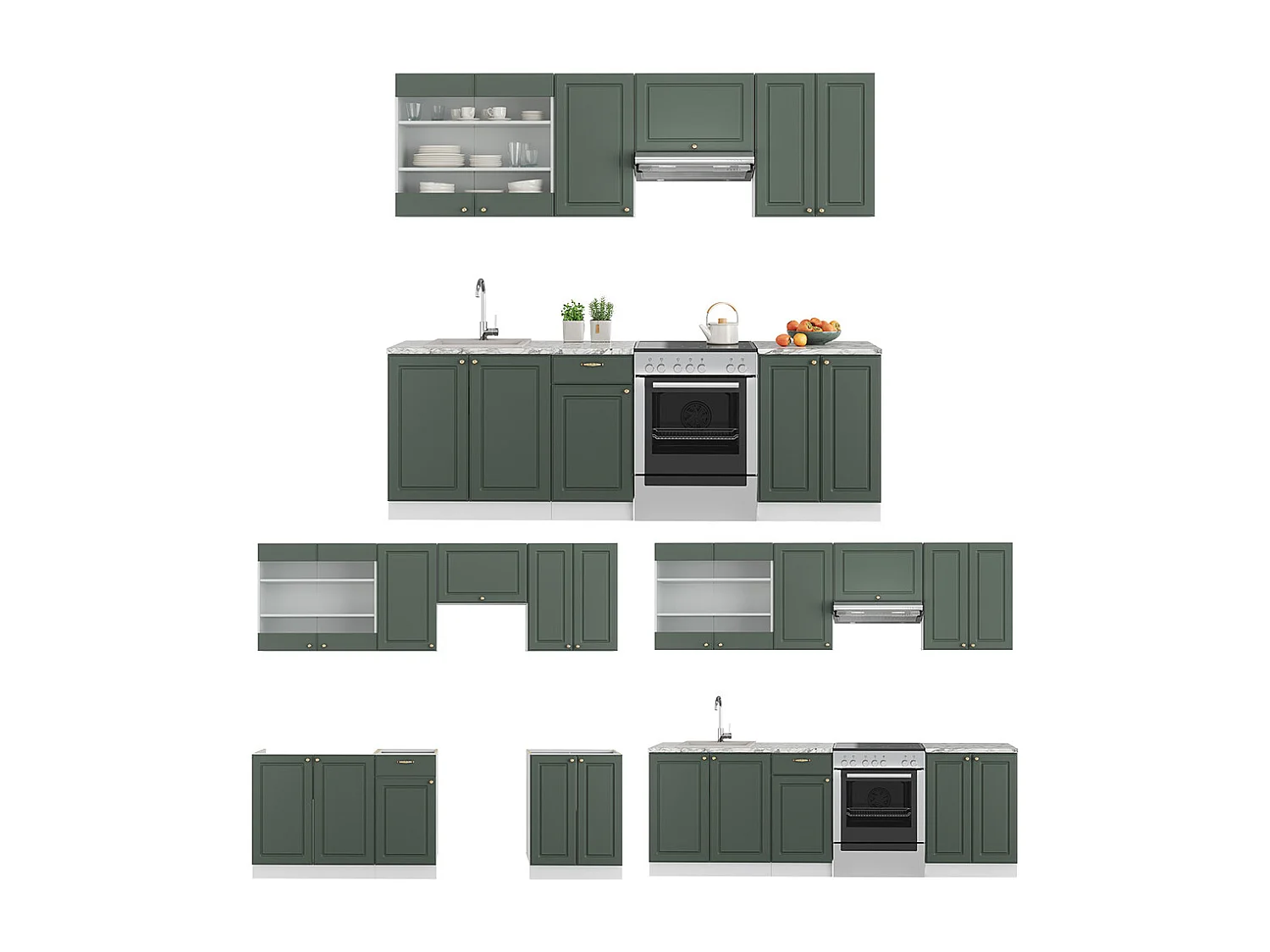 Køkkenrække grøn-guld landhus/hvid 240x60x81.6 fame-line