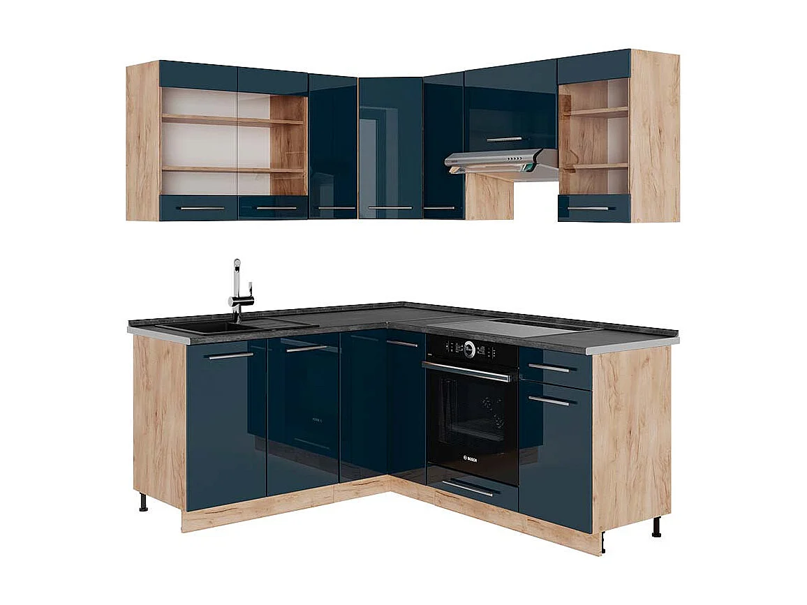 Cocina esquinera azul oscuro alto brillo/roble dorado 190x60x81.6 fame-line