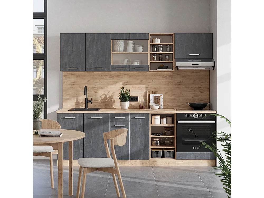 Cucina componibile calcestruzzo nero/quercia dorata 240x60x81.6 r-line