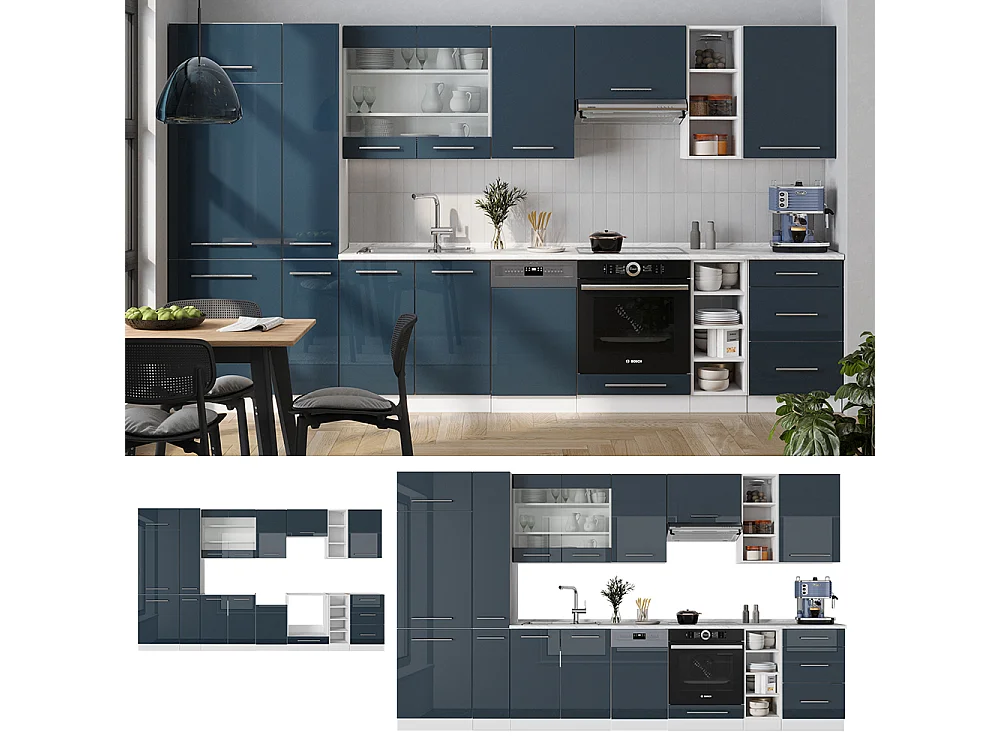 Mueble de cocina azul oscuro alto brillo/blanco 355x60x81.6 fame-line