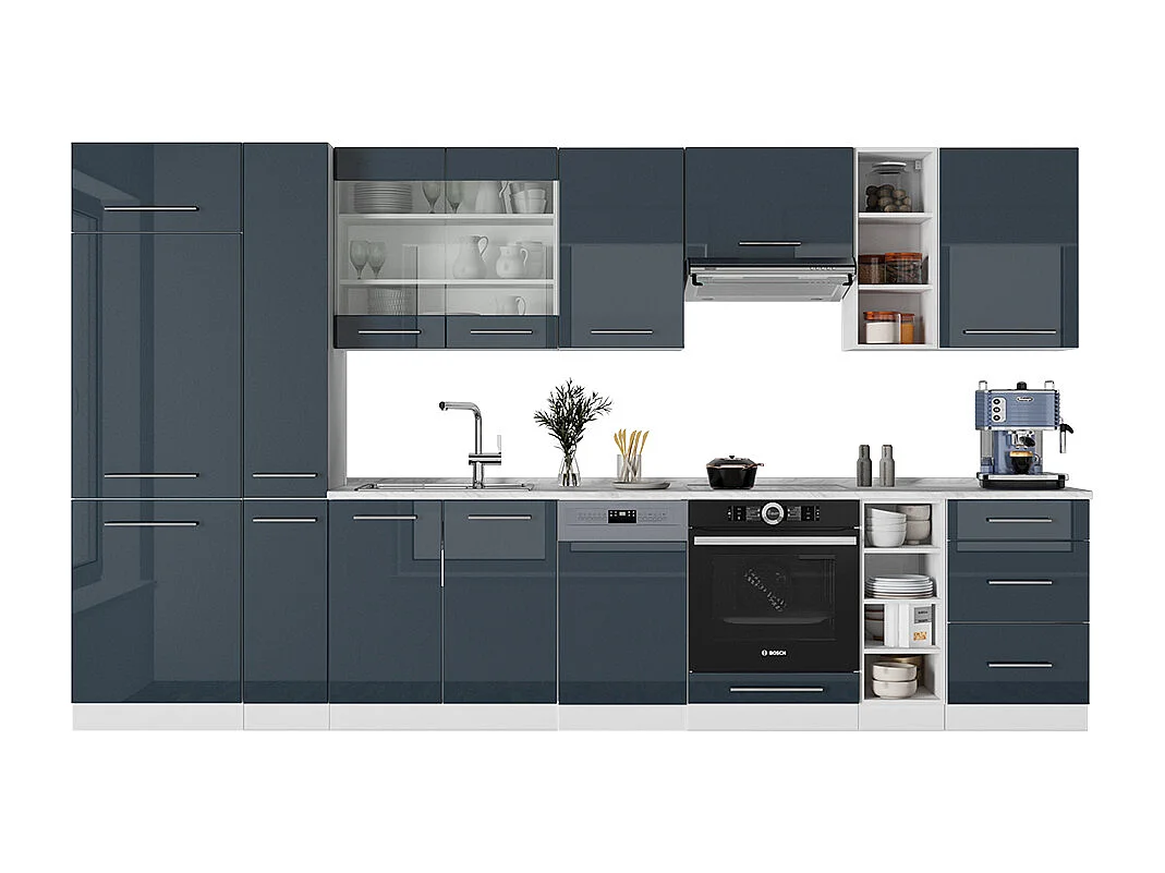 Mueble de cocina azul oscuro alto brillo/blanco 355x60x81.6 fame-line