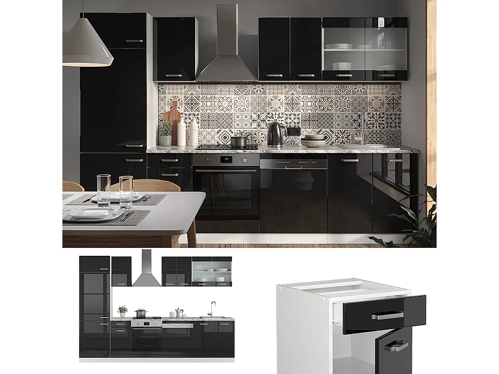 Zabudowa kuchenna czarny wysoki połysk/biały 300x46x81.6 r-line