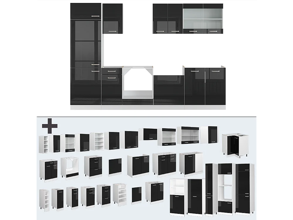 Zabudowa kuchenna czarny wysoki połysk/biały 300x46x81.6 r-line