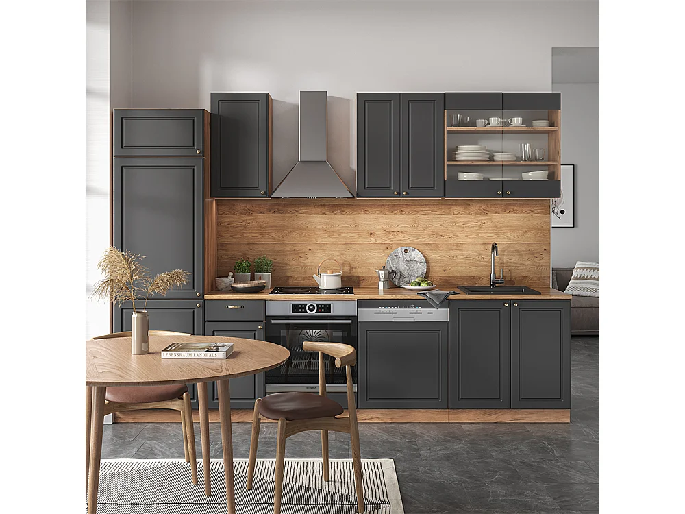 Complete keukeneenheid antraciet landhuis/goud kraft eik 300x60x81.6 fame-line