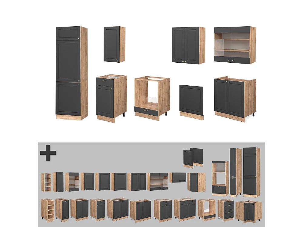 Complete keukeneenheid antraciet landhuis/goud kraft eik 300x60x81.6 fame-line