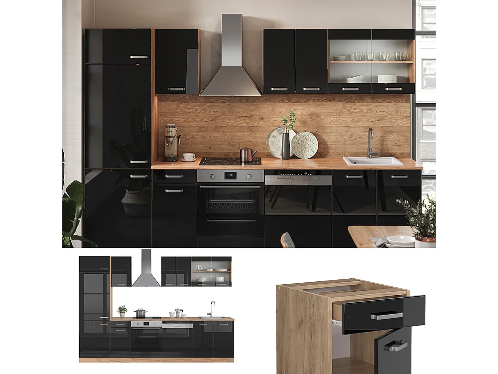 Mueble de cocina roble negro/dorado de alto brillo 300x46x81.6 r-line