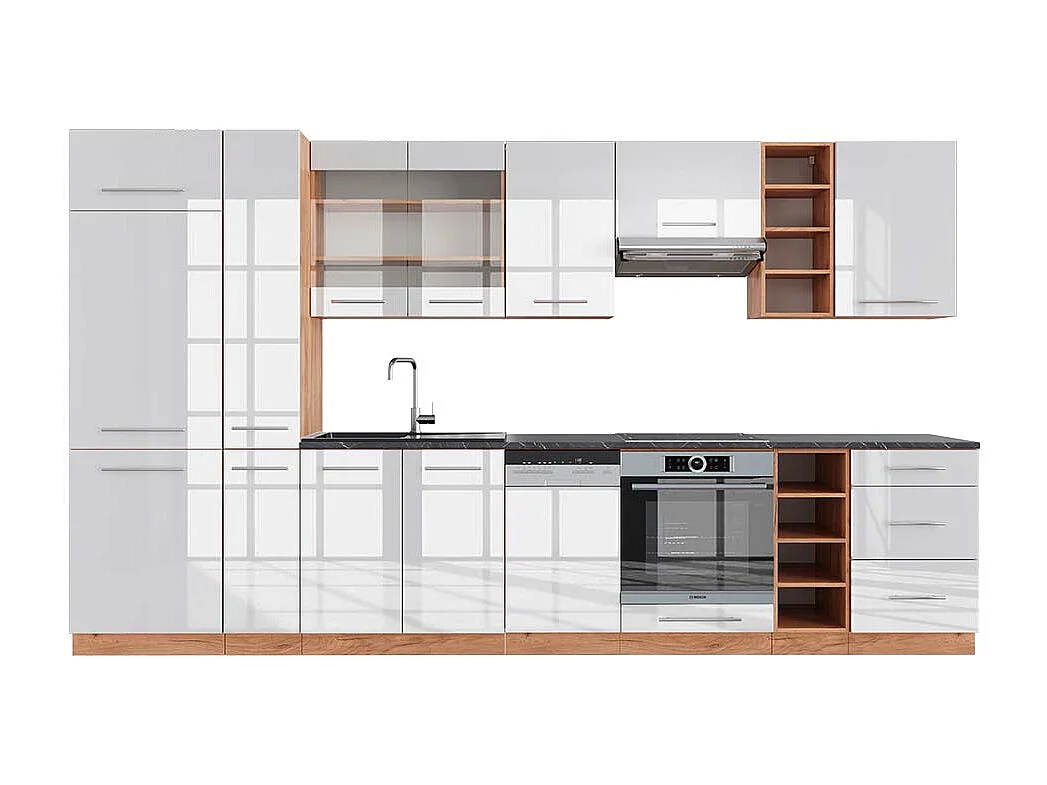 Mueble de cocina blanco brillo intenso/roble dorado 355x60x81.6 fame-line