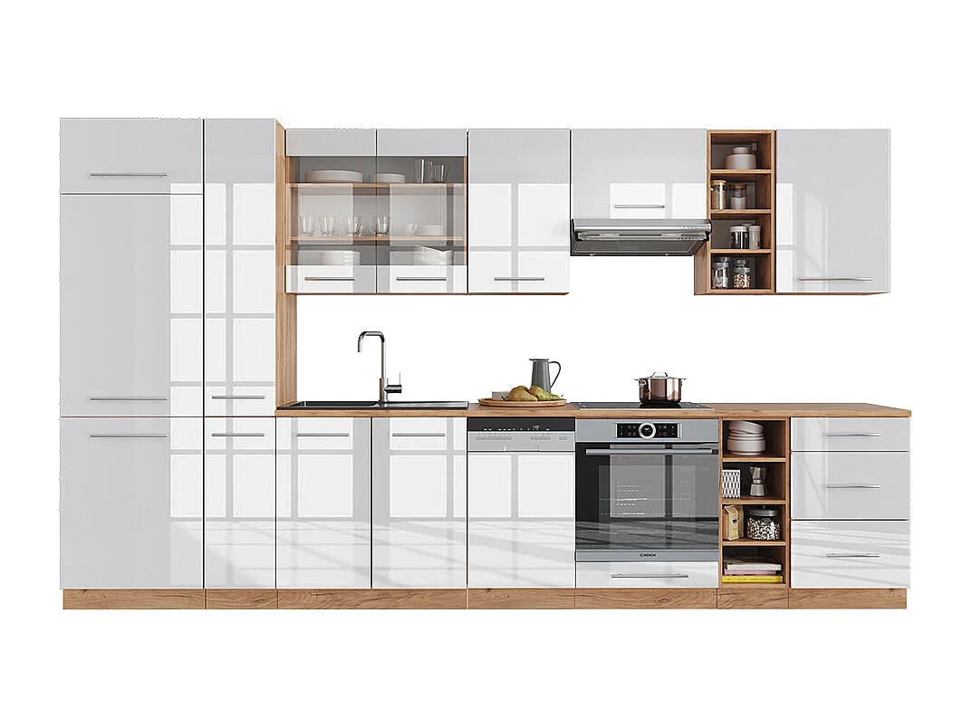 Mueble de cocina blanco brillo intenso/roble dorado 355x60x81.6 fame-line