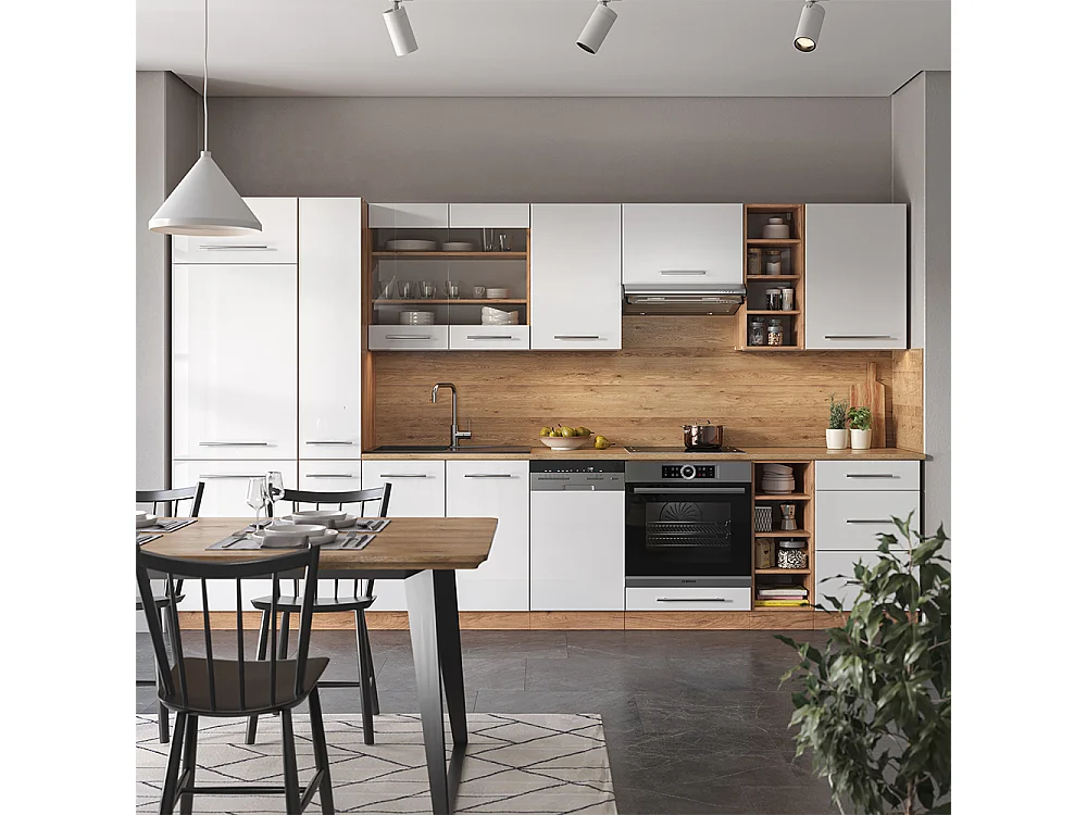 Küchenzeile weiß hochglanz/goldkraft eiche 355x60x81.6 fame-line