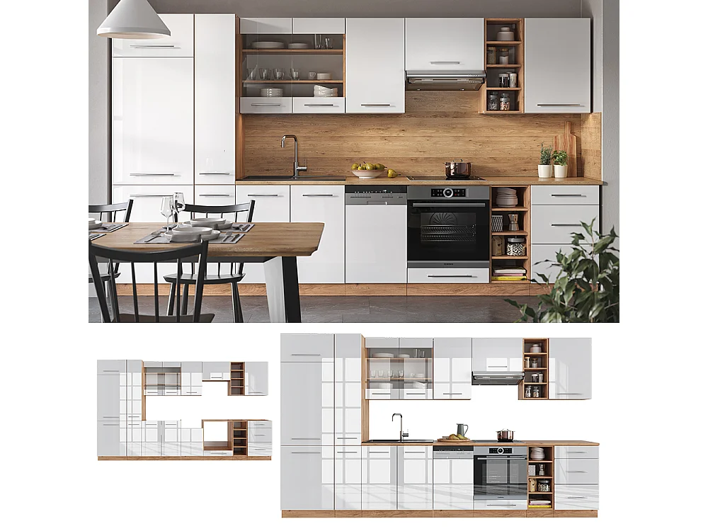 Küchenzeile weiß hochglanz/goldkraft eiche 355x60x81.6 fame-line