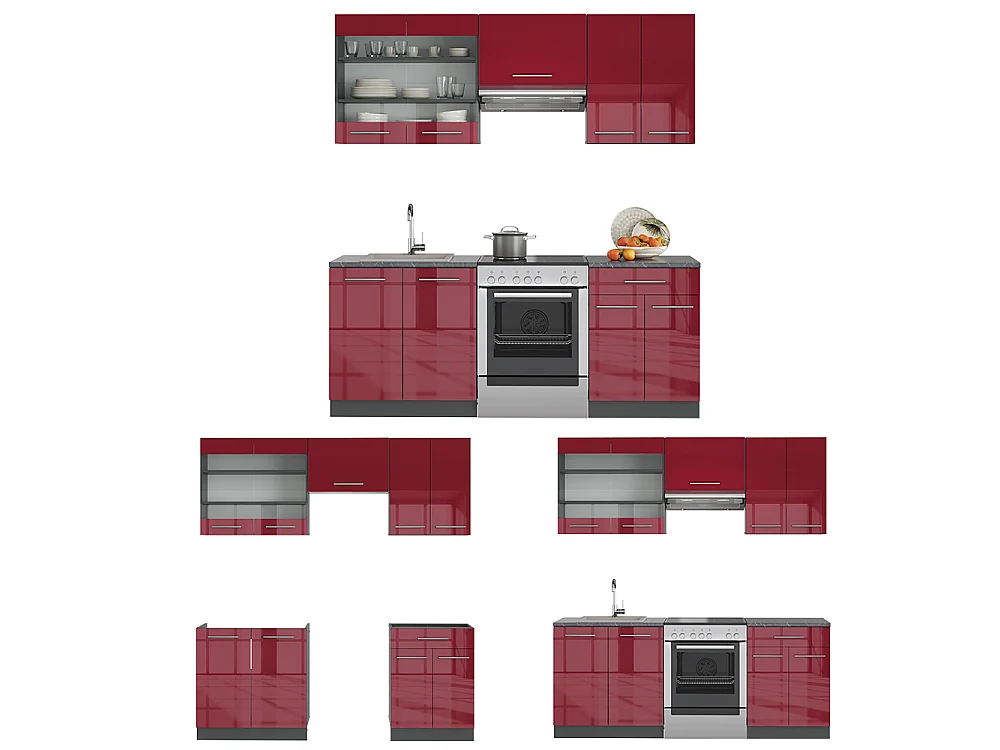 Aneks kuchenny bordowy wysoki połysk/antracyt 200x60x81.6 fame-line
