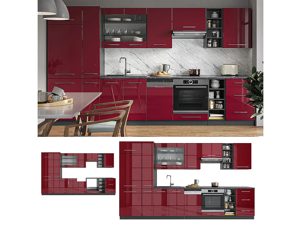 Mueble de cocina burdeos brillo intenso/antracita 355x46x81.6 fame-line
