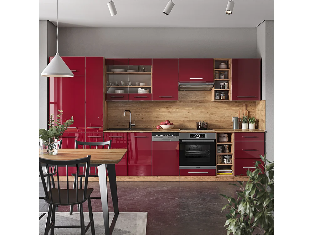 Mueble de cocina burdeos brillo intenso/roble dorado 355x60x81.6 fame-line