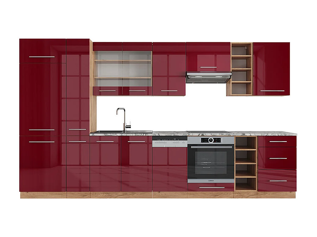 Mueble de cocina burdeos brillo intenso/roble dorado 355x60x81.6 fame-line