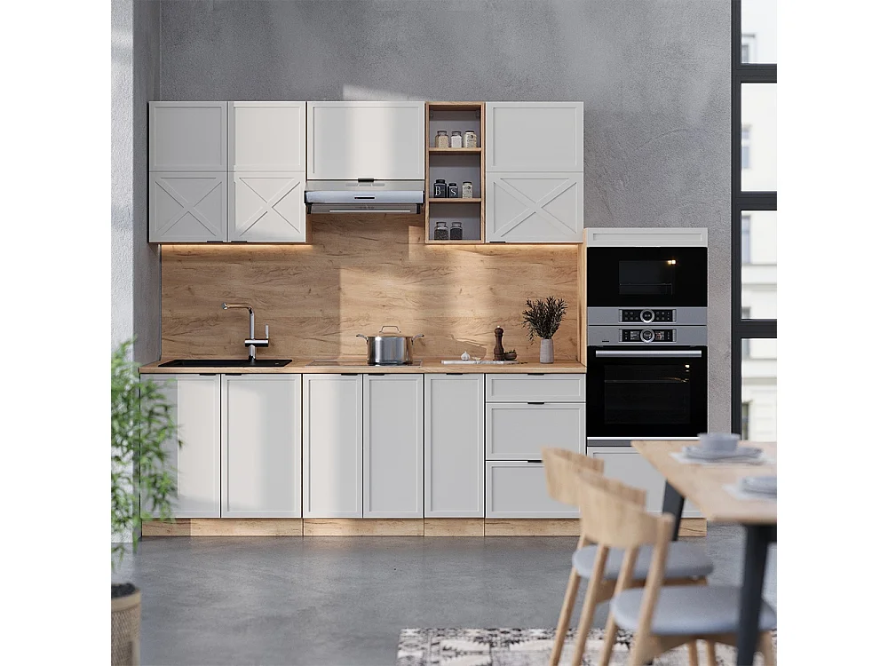 Mueble de cocina gris/beige/roble dorado 280x60x81.6 fame-line