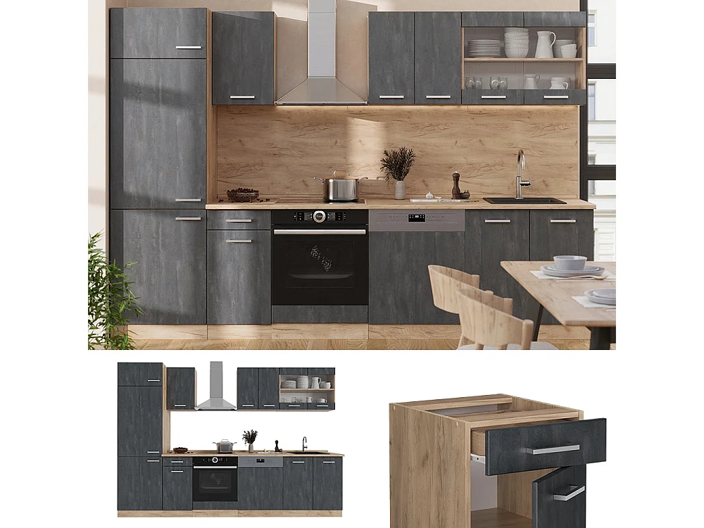 Cuisine béton noir/chêne doré 300x60x81.6 r-line