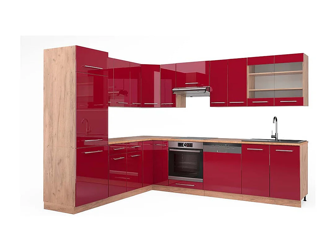 Cocina esquinera burdeos brillo intenso/roble dorado 227x60x81.6 fame-line