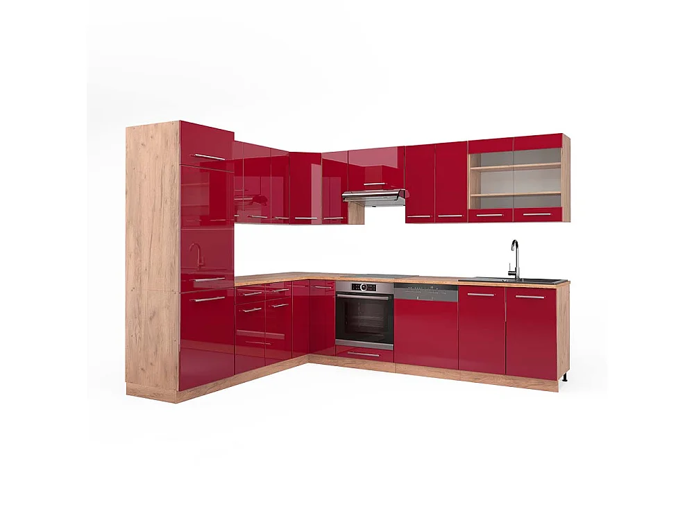 Hjørnekøkken bordeaux højglans/gylden eg 227x60x81.6 fame-line
