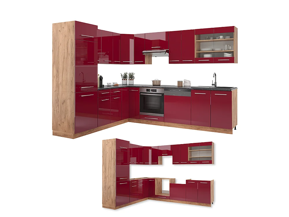 Hjørnekøkken bordeaux højglans/gylden eg 227x60x81.6 fame-line
