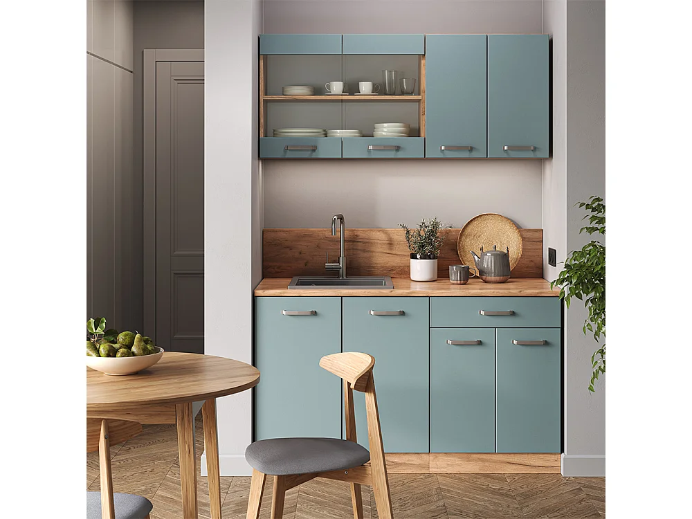 Cuisine bleu-gris/chêne doré 140x60x81.6 r-line