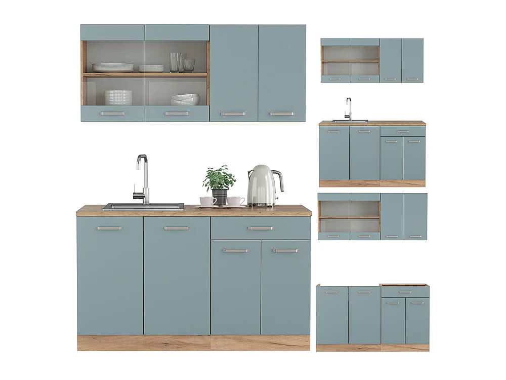 Cuisine bleu-gris/chêne doré 140x60x81.6 r-line