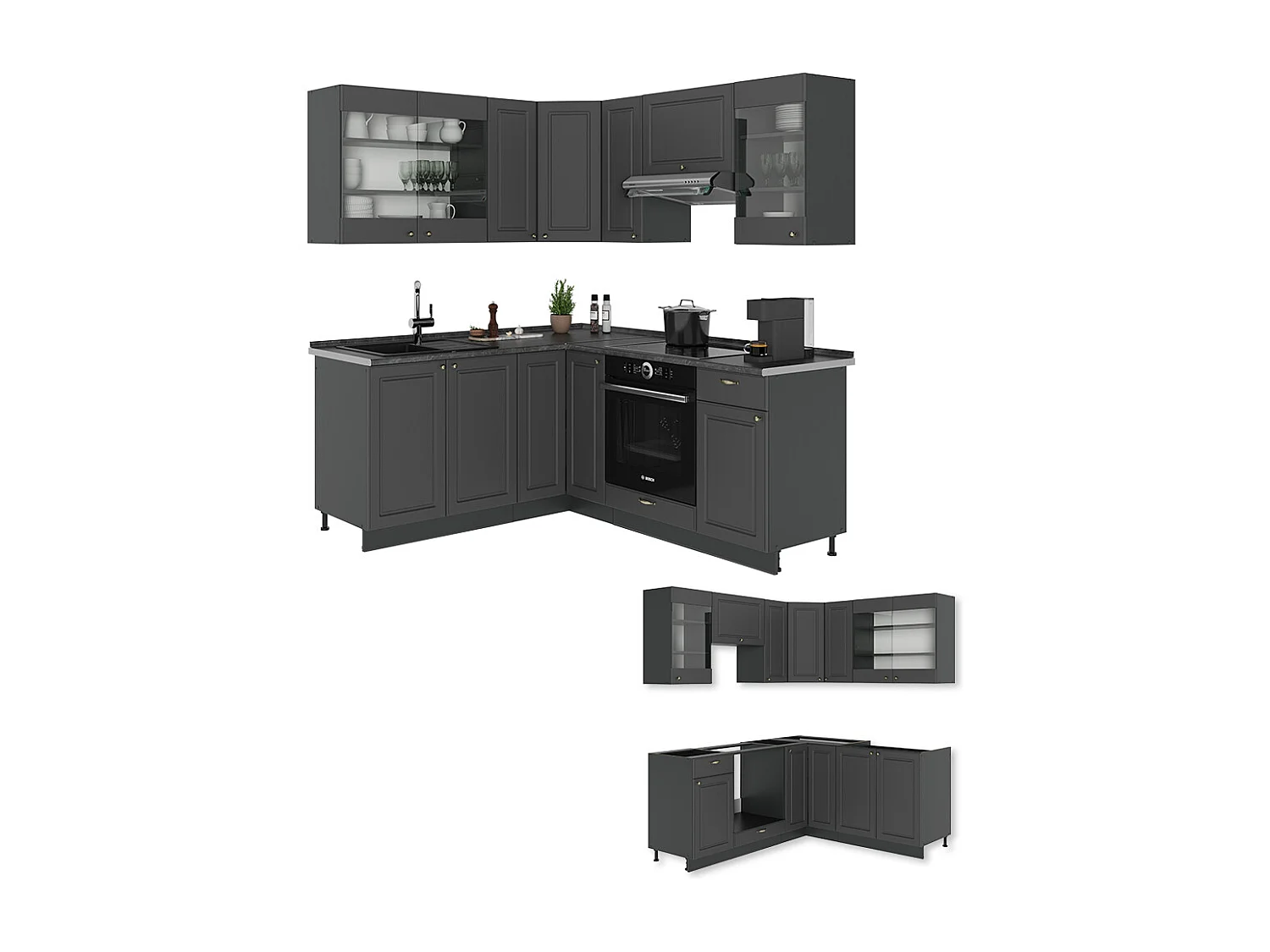 Cuisine en angle anthrazit-gold landhaus 190x46x81.6 fame-line