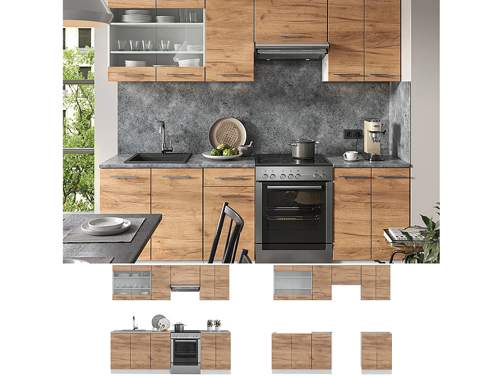 Mueble de cocina oro potencia roble/blanco 240x46x81.6 fame-line