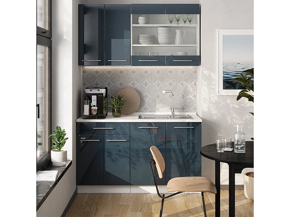 Cocina individual azul oscuro alto brillo/blanco 140x46x81.6 fame-line