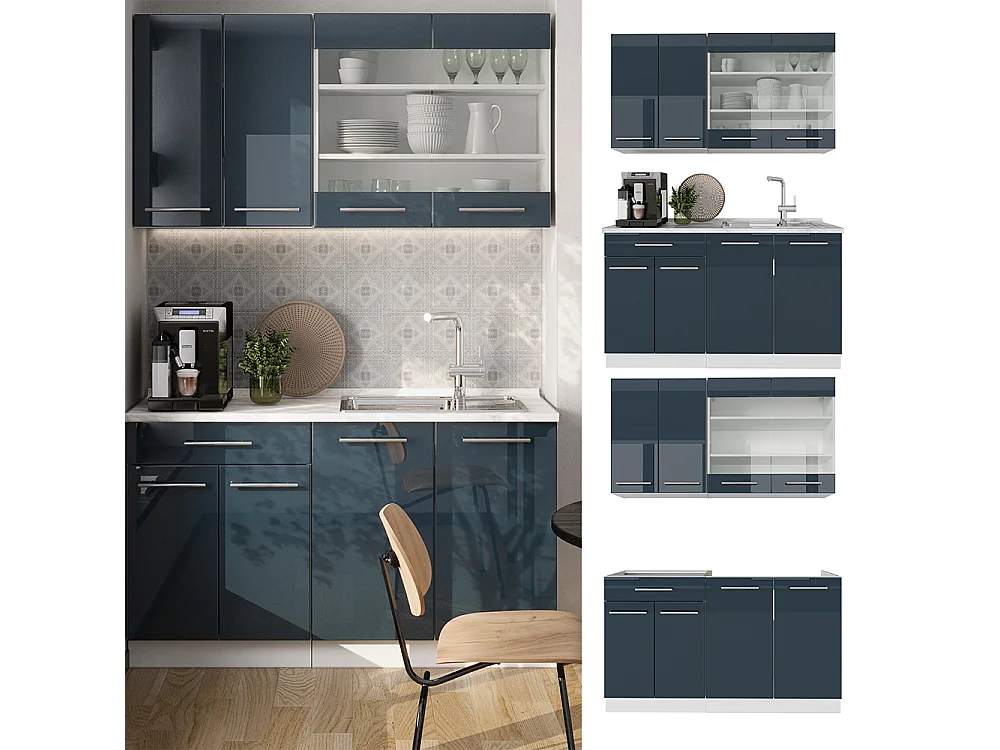 Cocina individual azul oscuro alto brillo/blanco 140x46x81.6 fame-line