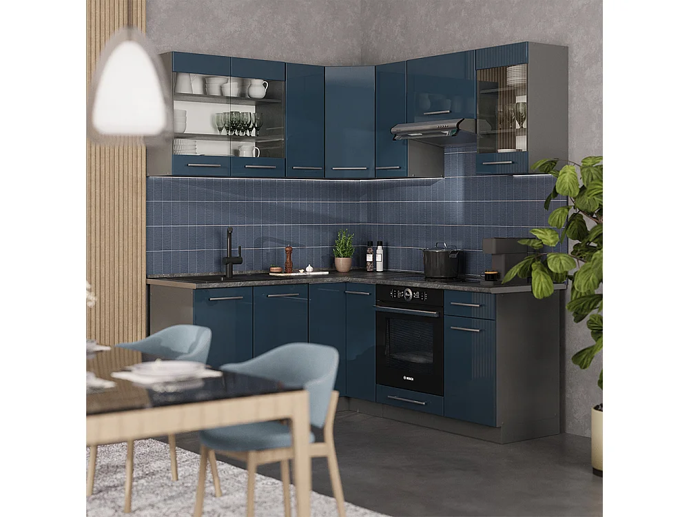 Cocina esquinera azul oscuro alto brillo/antracita 190x60x81.6 fame-line