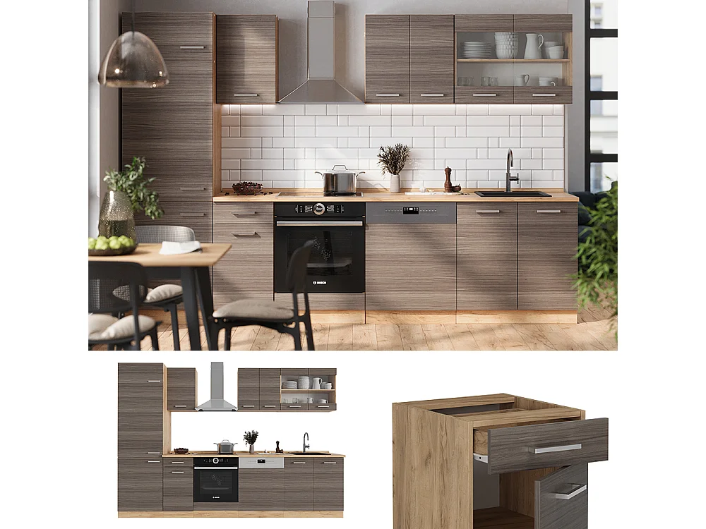 Køkkenrække ædelgrå/gylden eg 300x60x81.6 r-line