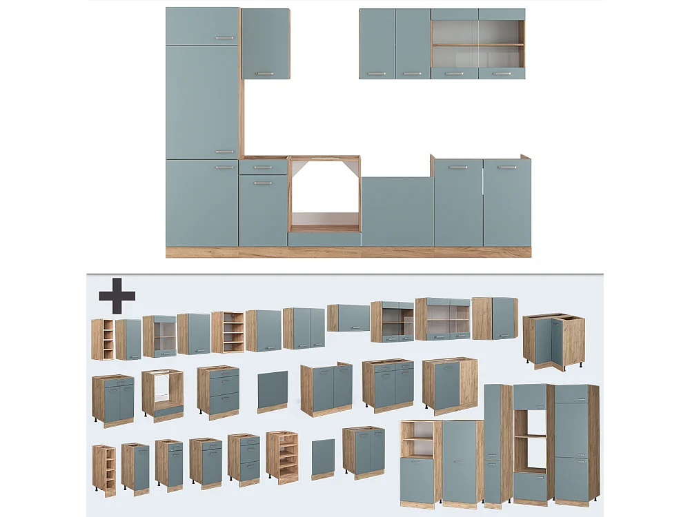 Mueble de cocina roble azul-gris-dorado 300x60x81.6 r-line