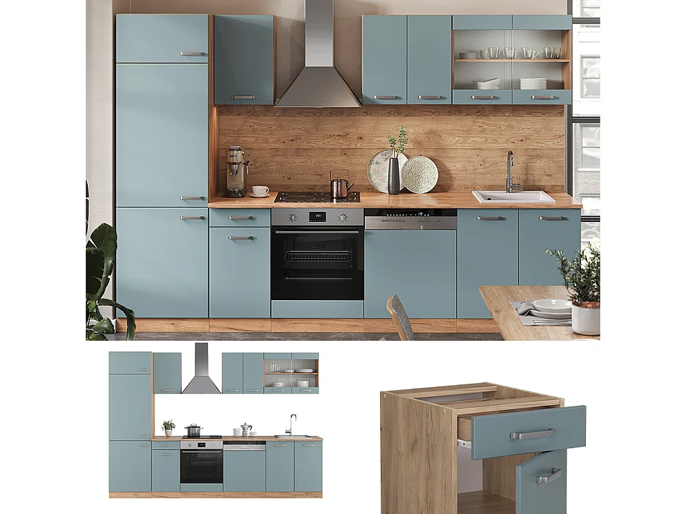 Cuisine bleu-gris/chêne doré 300x60x81.6 r-line