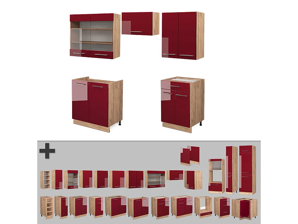 Mueble de cocina burdeos brillo intenso/roble dorado 200x60x81.6 fame-line