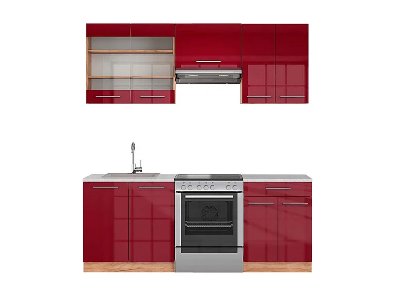 Complete keukeneenheid bordeaux hoogglans/gouden eik 200x60x81.6 fame-line