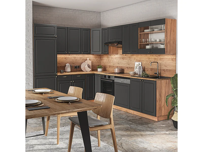 Cuisine en angle anthracite campagne/chêne doré 227x60x81.6 fame-line