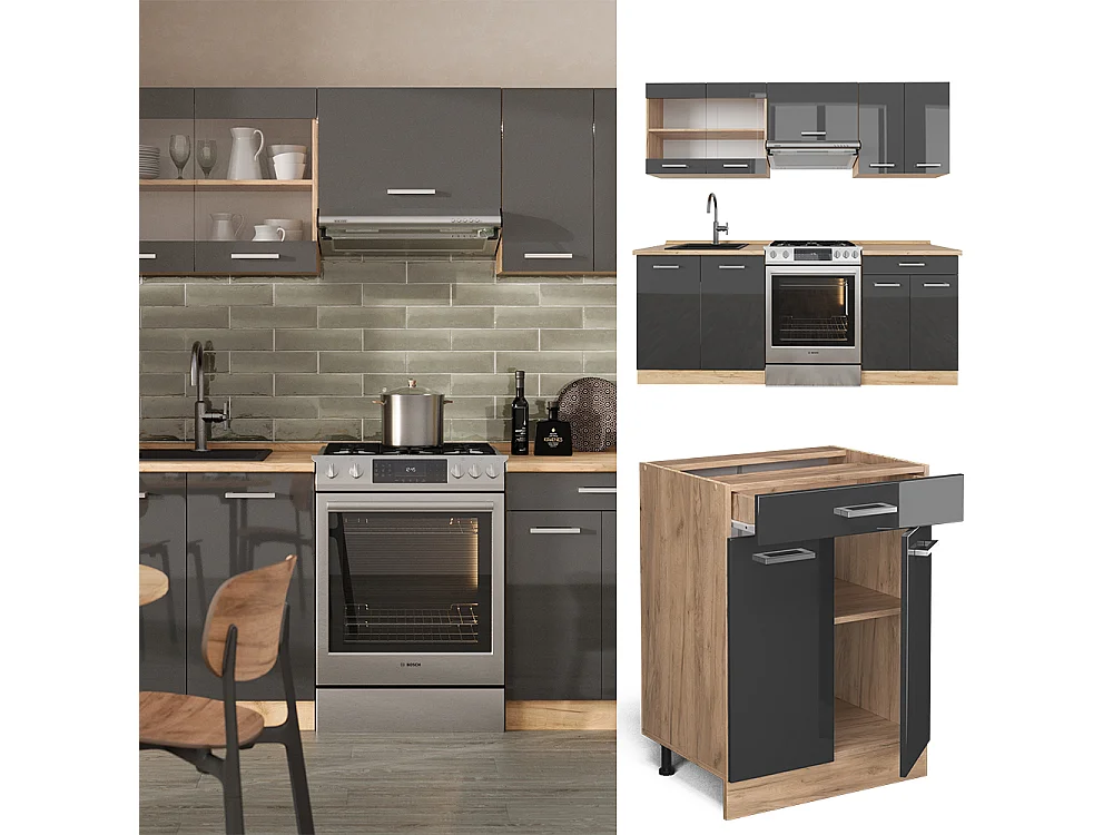 Cucina componibile antracite lucido/oro power oak 200x60x81.6 r-line