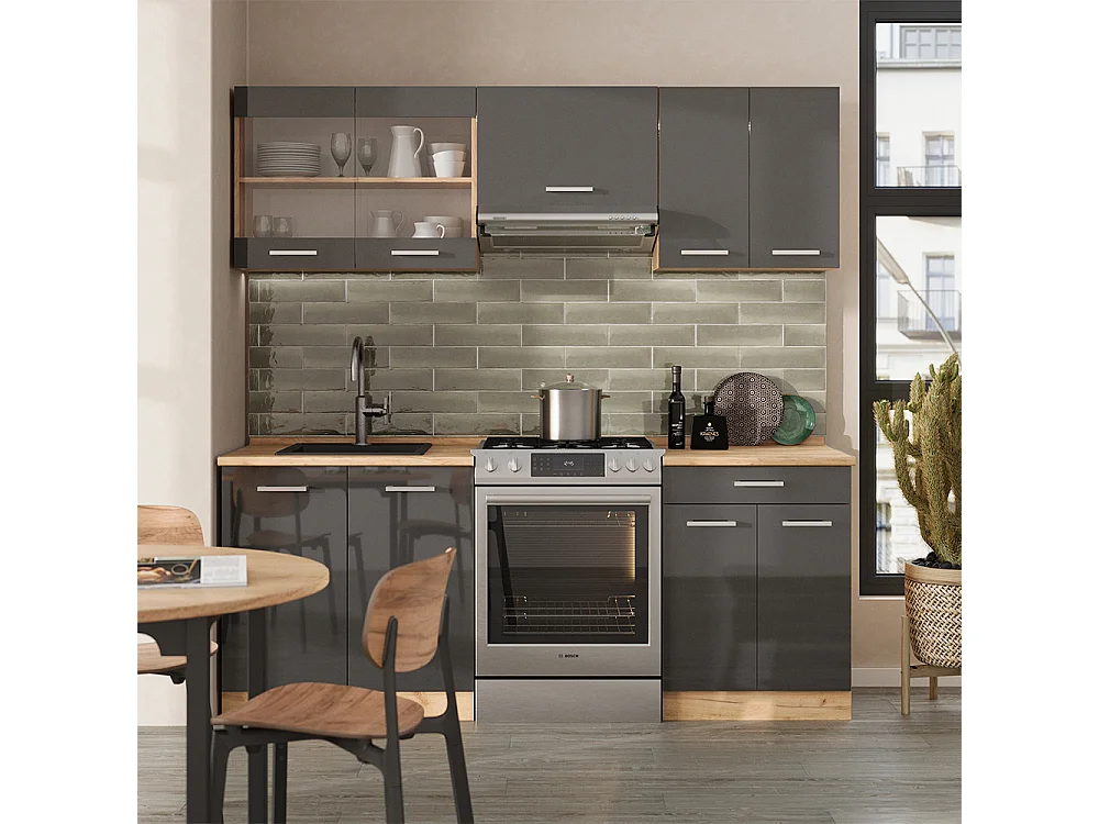 Cuisine anthracite brillant/chêne doré 200x60x81.6 r-line