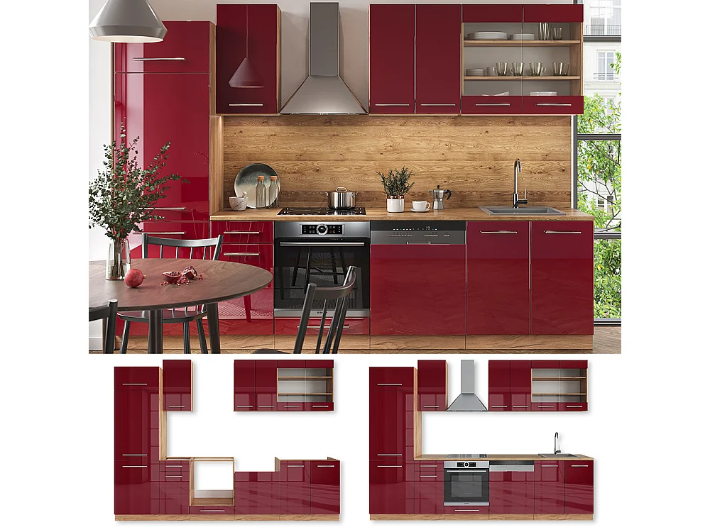 Mueble de cocina burdeos brillo intenso/roble dorado 300x46x81.6 fame-line