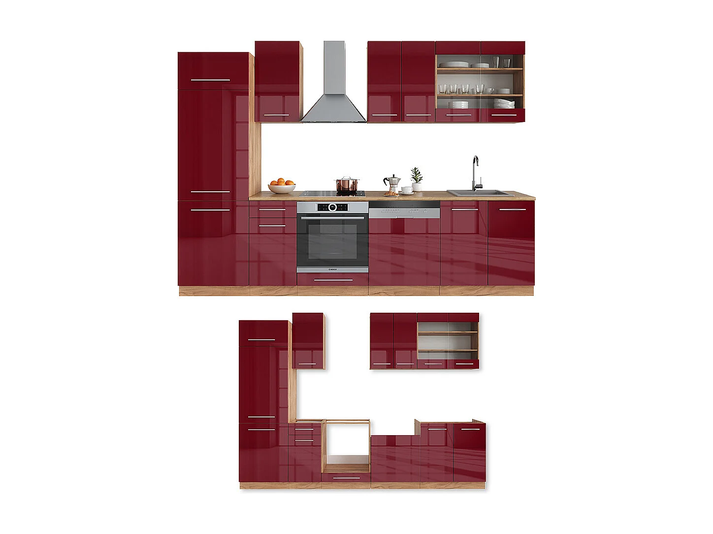 Mueble de cocina burdeos brillo intenso/roble dorado 300x46x81.6 fame-line